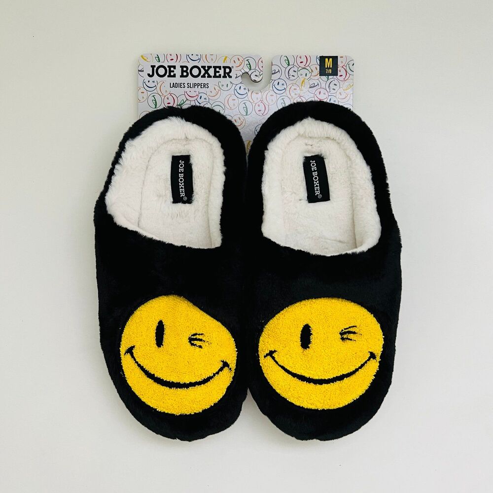 JOE BOXER Black Yellow Mr. Winkey Smiley Face Faux Fur SlipOn Slippers - M (7-8)
